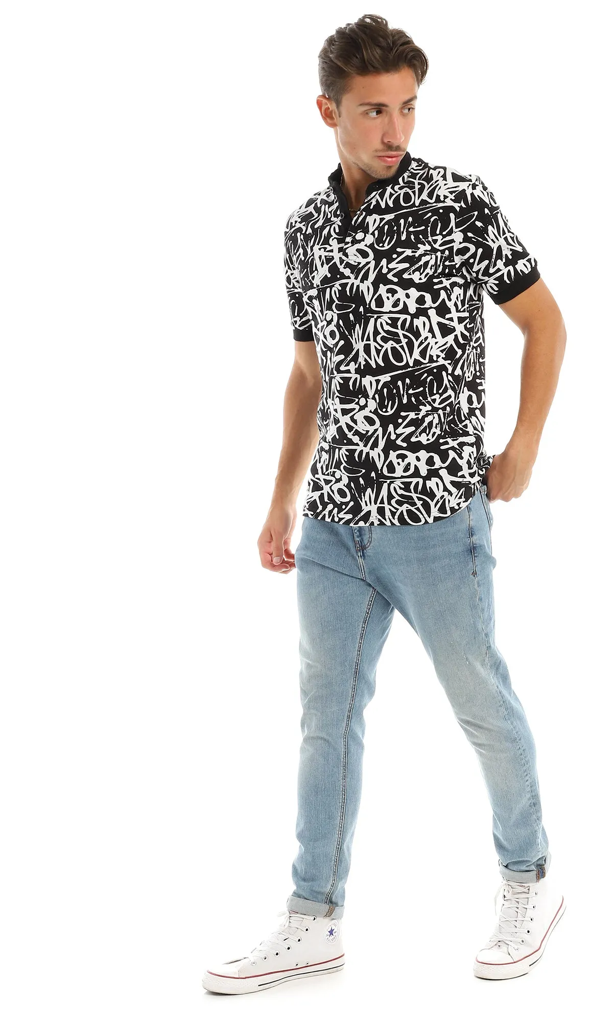 97557 Patterned Buttoned Mandarin Collar Black & White T-Shirt