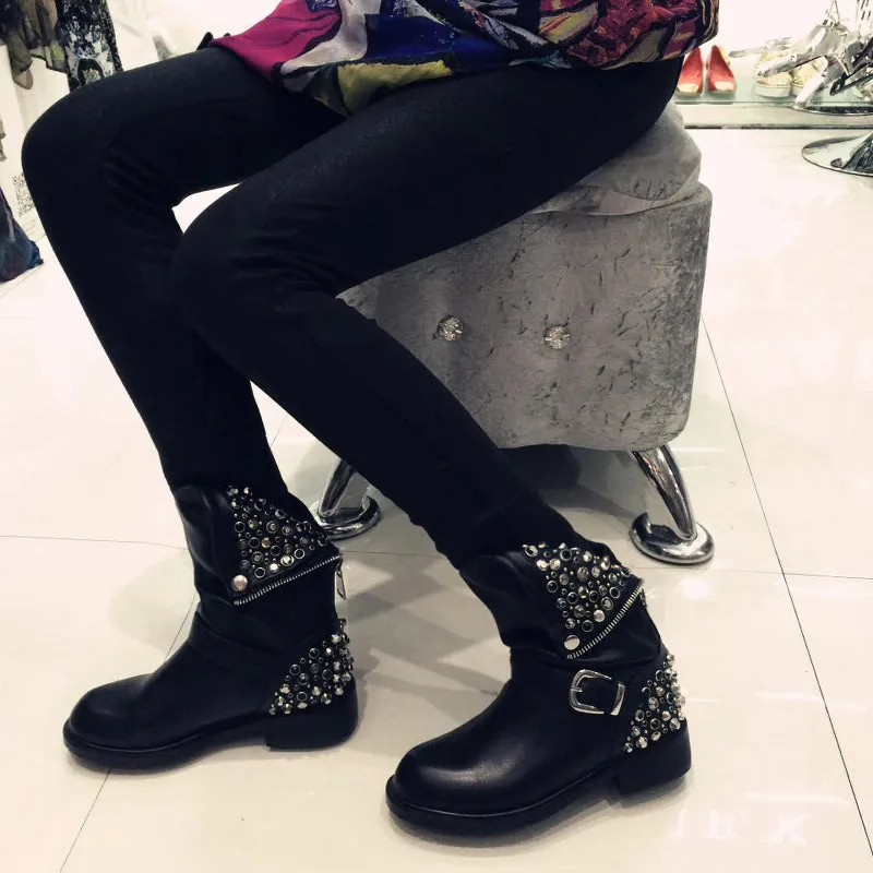 Fashion Women's Genuine Leather Ankle Boots / Black Warm Short Shoes for Lady