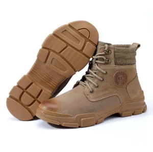 Genuine Leather Work Boots For Men Safety Steel Toe Anti-Smashing Work Boots Warm & Comfy
