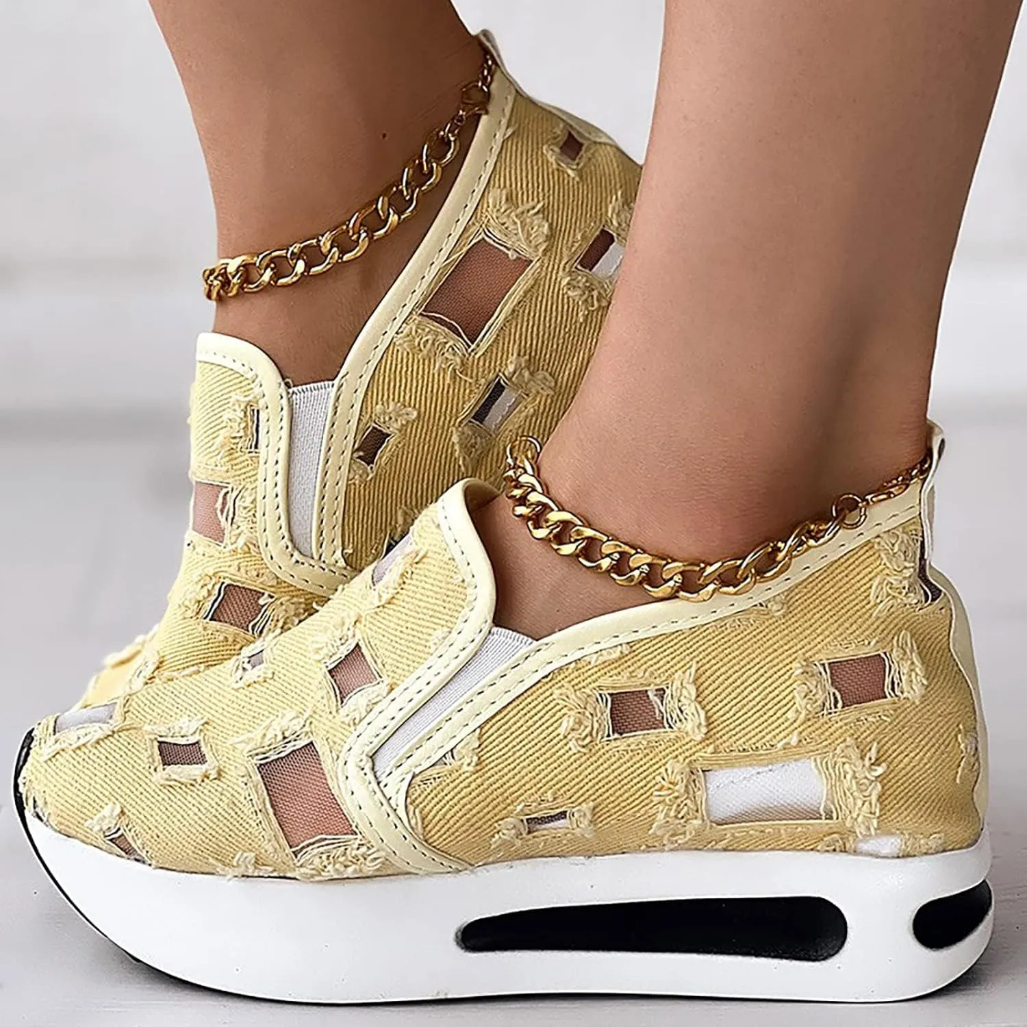 Platform Wedge Sneakers for Women Mesh Floral Embroidery Breathable Walking Shoes Air Comfort Chunky Slip On Arch Support Work Shoes