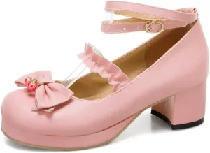 VOKLIN Women's Girls Lolita Mary Jane Pumps Sweet Bow Ankle Strap Platform Block Mid Heel Oxford Dress Shoes