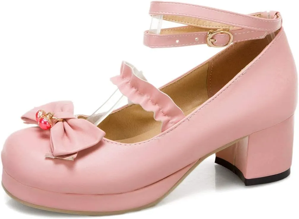 VOKLIN Women's Girls Lolita Mary Jane Pumps Sweet Bow Ankle Strap Platform Block Mid Heel Oxford Dress Shoes