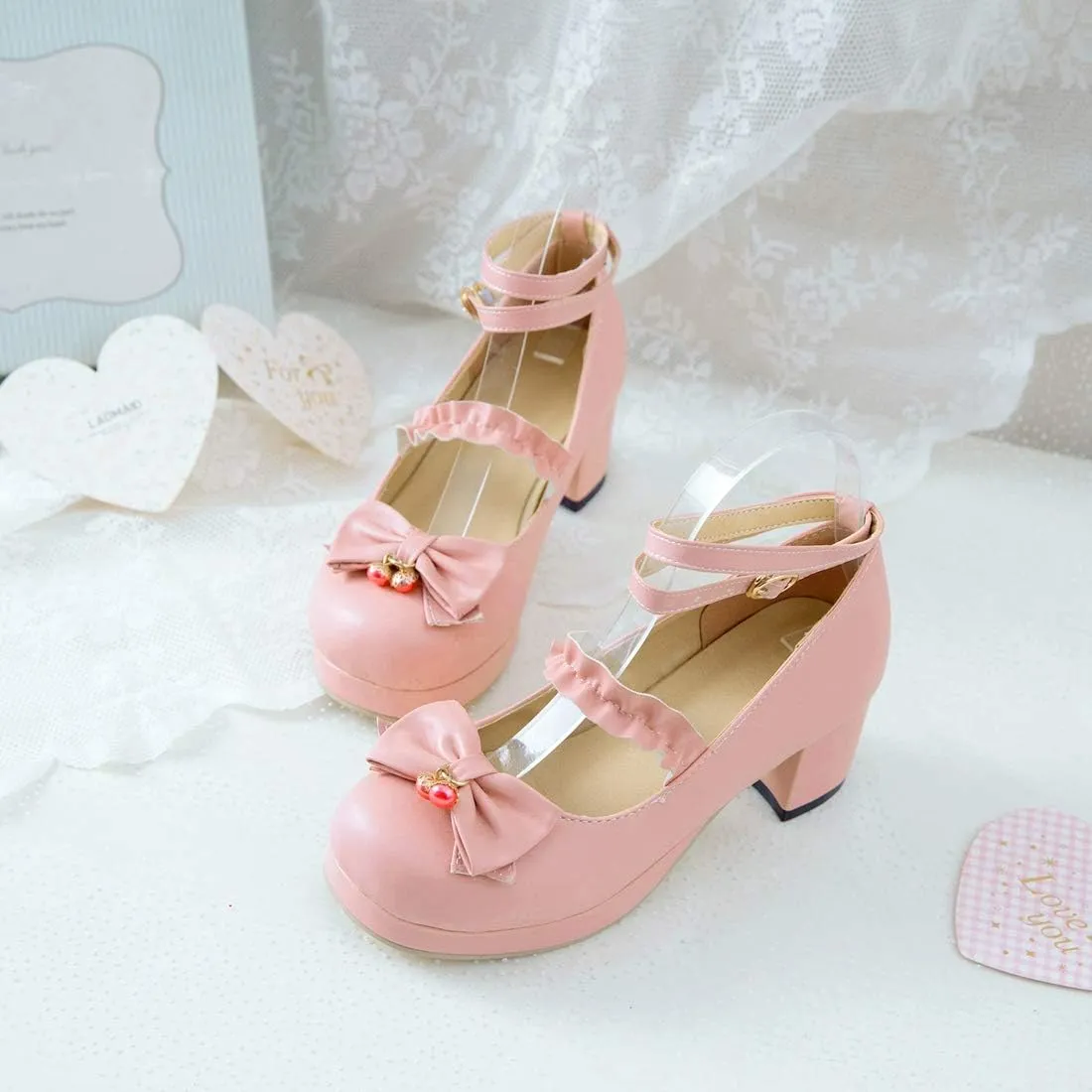 VOKLIN Women's Girls Lolita Mary Jane Pumps Sweet Bow Ankle Strap Platform Block Mid Heel Oxford Dress Shoes