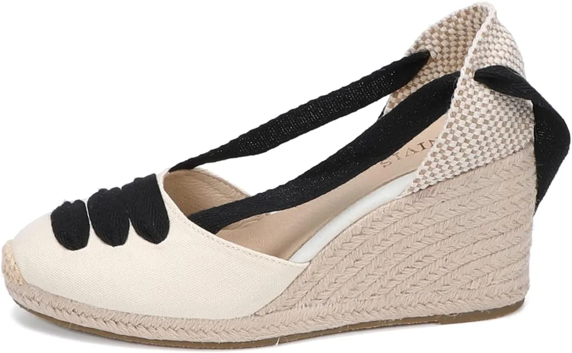 Womens Platform Wedges Espadrilles, 3" Wedge, Soft Ankle-Tie Strap, Closed Toe, Classic Summer Sandals