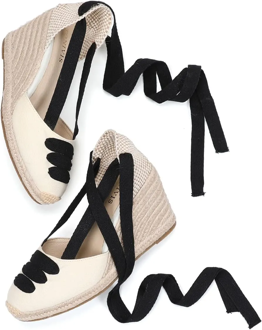 Womens Platform Wedges Espadrilles, 3" Wedge, Soft Ankle-Tie Strap, Closed Toe, Classic Summer Sandals